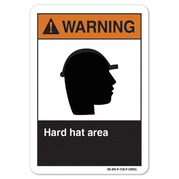 ANSI Warning Sign, Hard Hat Area, 10in X 7in Aluminum, 7" H, 10" W, Landscape, Hard Hat Area